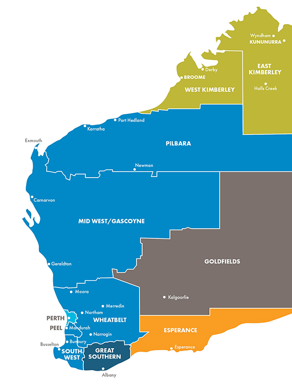 A map of Western Australia showing the SBDC's service areas.