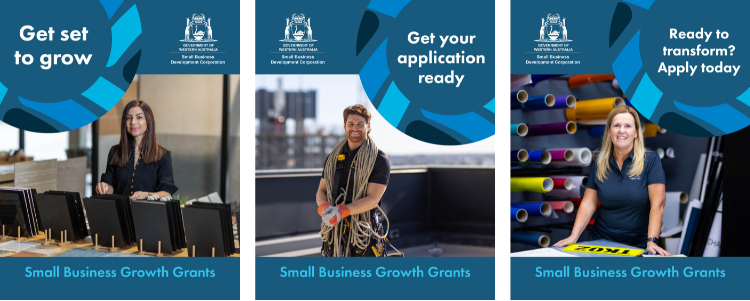 Montage of social media images to promote the Small Business Growth Grants in the Perth metro area.
