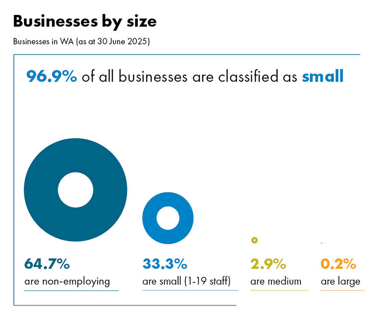 A graph showing businesses by size in Western Australia. The graph explains that 96.9% of all businesses are classified as small (this includes 64.7% are non-employing businesses), 2.9% of businesses are medium size and 0.2% are large.