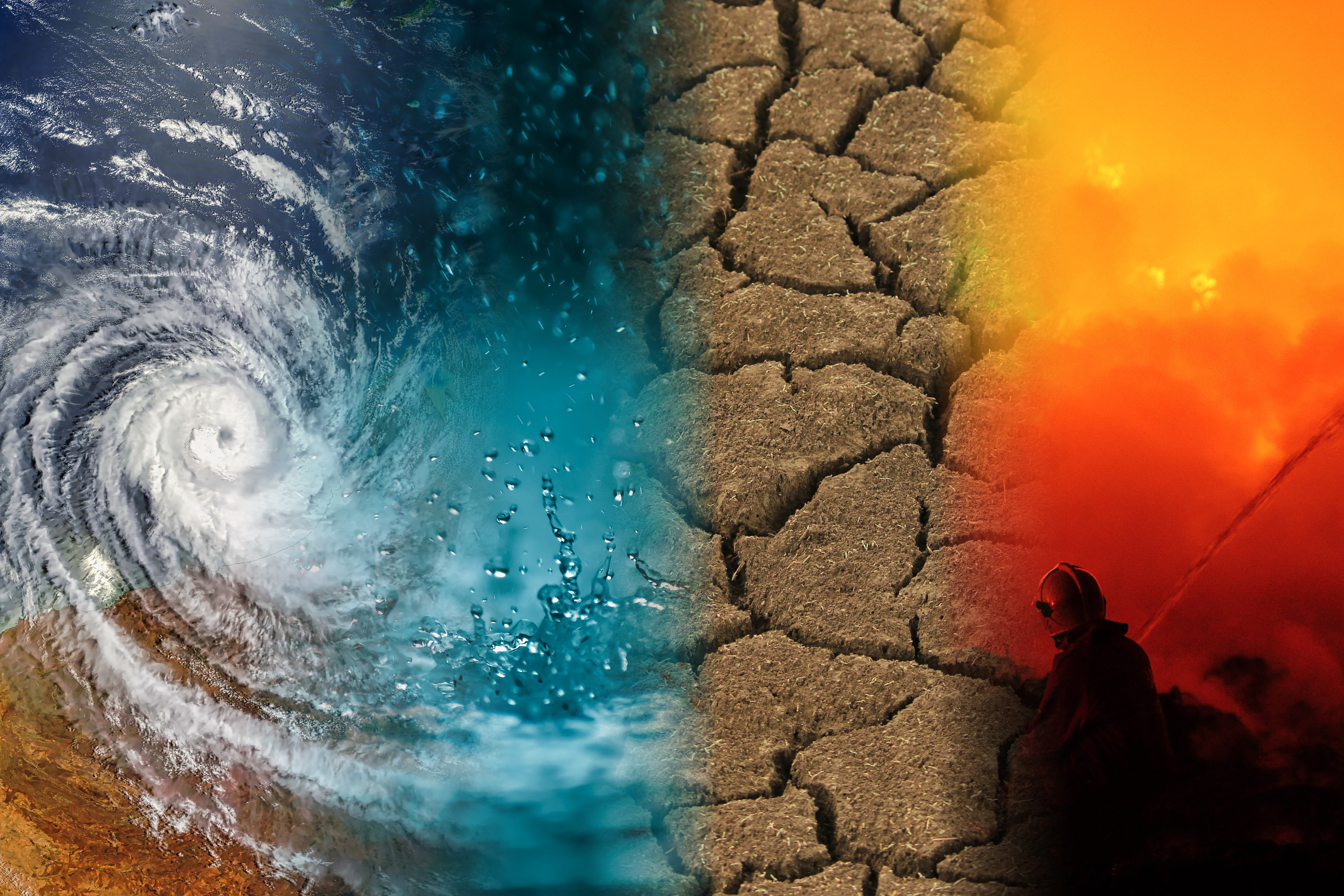 Image showing a visual of four climate-related events: a cyclone, flood, bushfire, and cracked, dried soil representing drought.