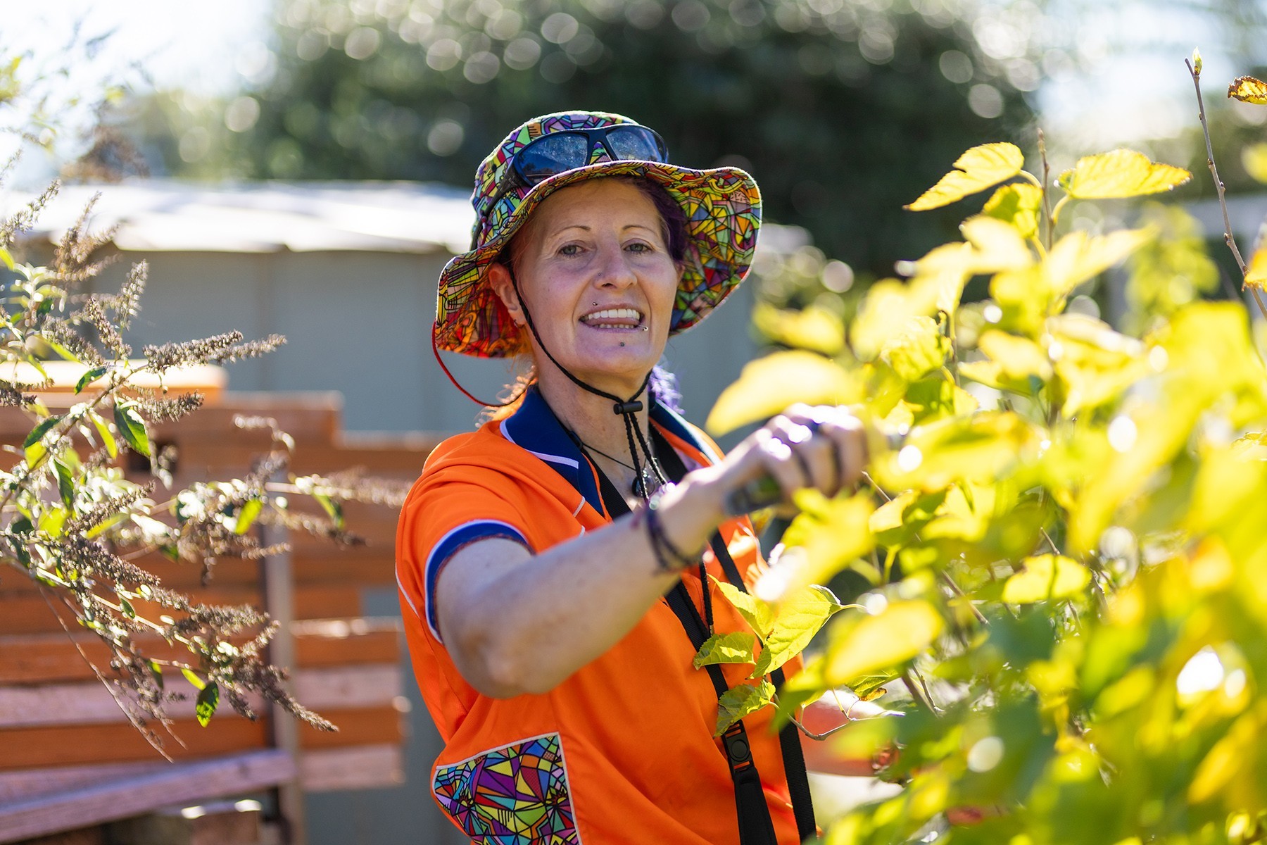 Jakki Kruger, owner of Serene Earth Sustainability, trimming a hedge in a client's garden.