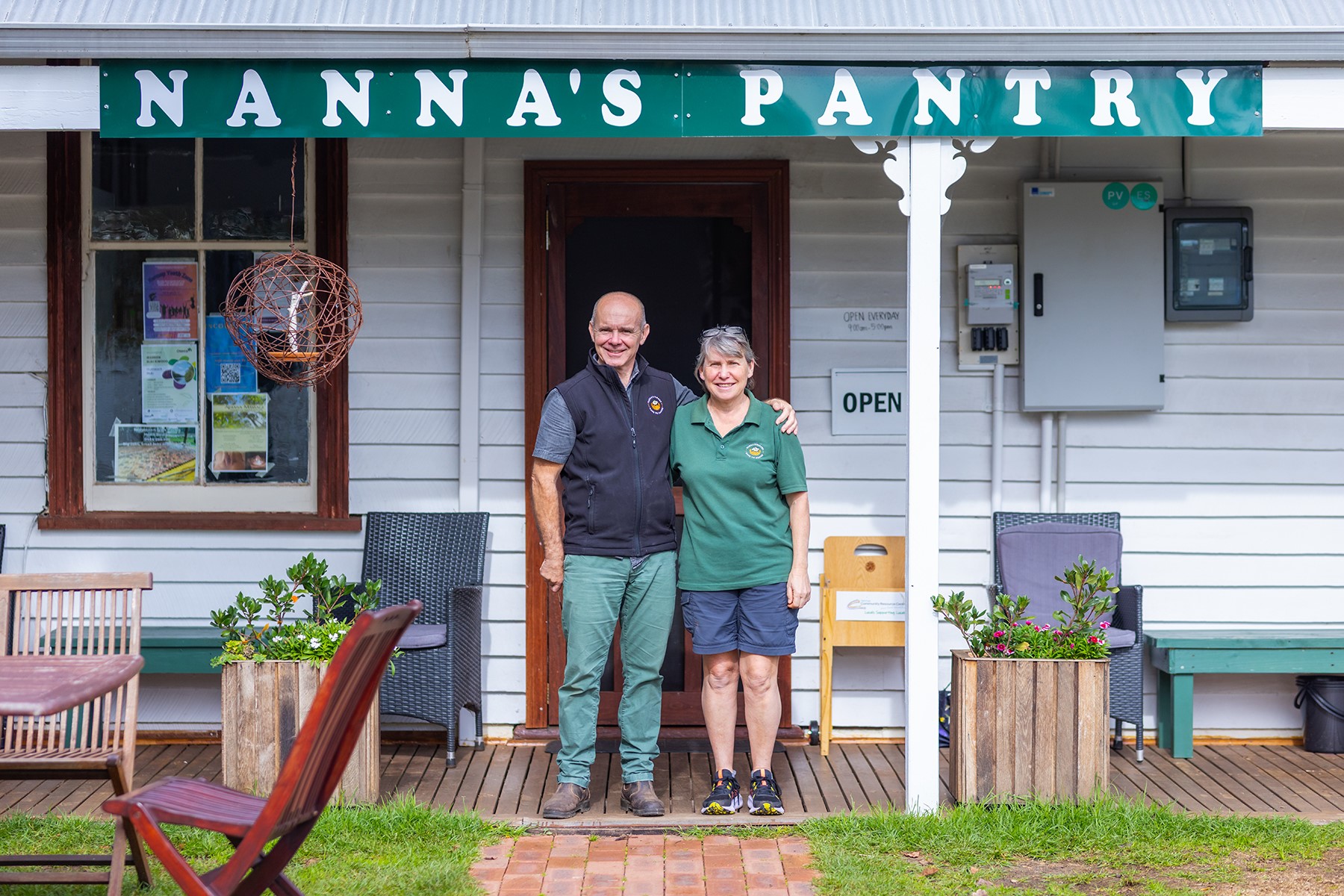 Photo of Tim and Clare Sly standing out the front of their business, Nanna's Pantry, located in Nannup.