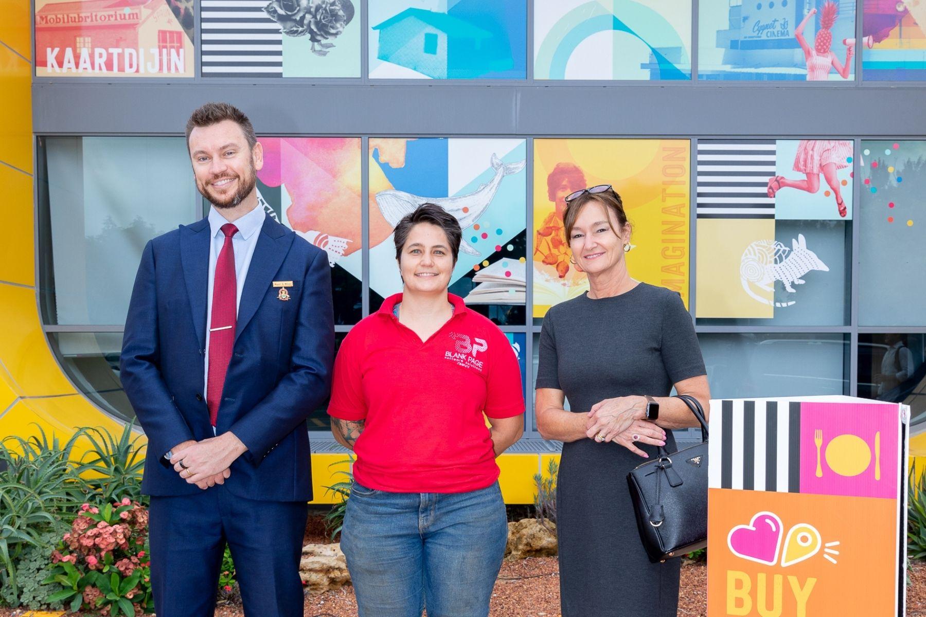 Photo of  South Perth Mayor Greg Milner with Chevy Morgan from local business Blank Page Software Solutions and Tanja Juers from The Peninsula Riverside Serviced Apartments.