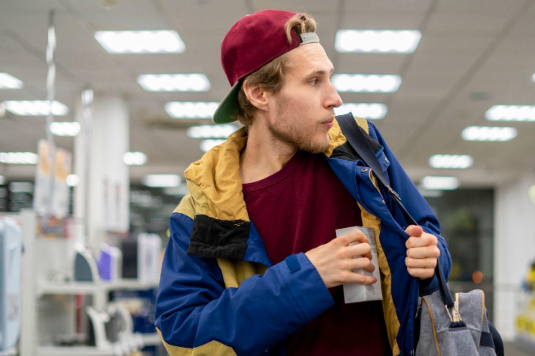 Photo of a man in a store placing an item inside his jacket.