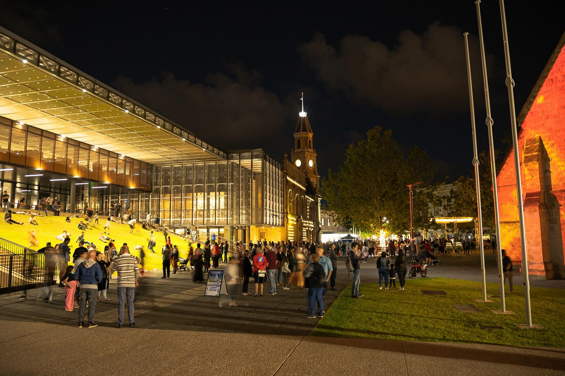Photo of Walyalup Koort (formerly known as Kings Square) at night.