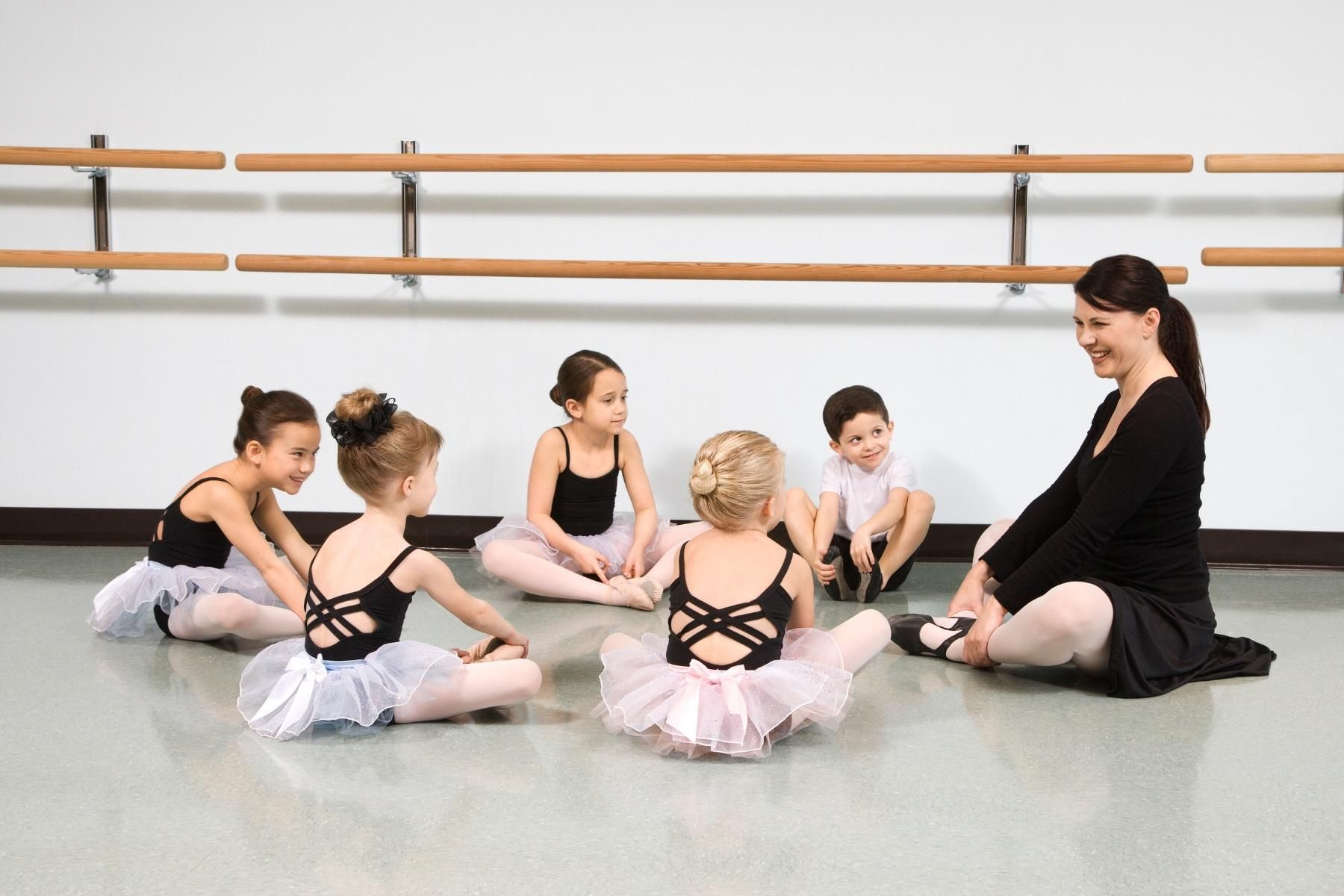 Photo of a woman teaching a ballet class to children.