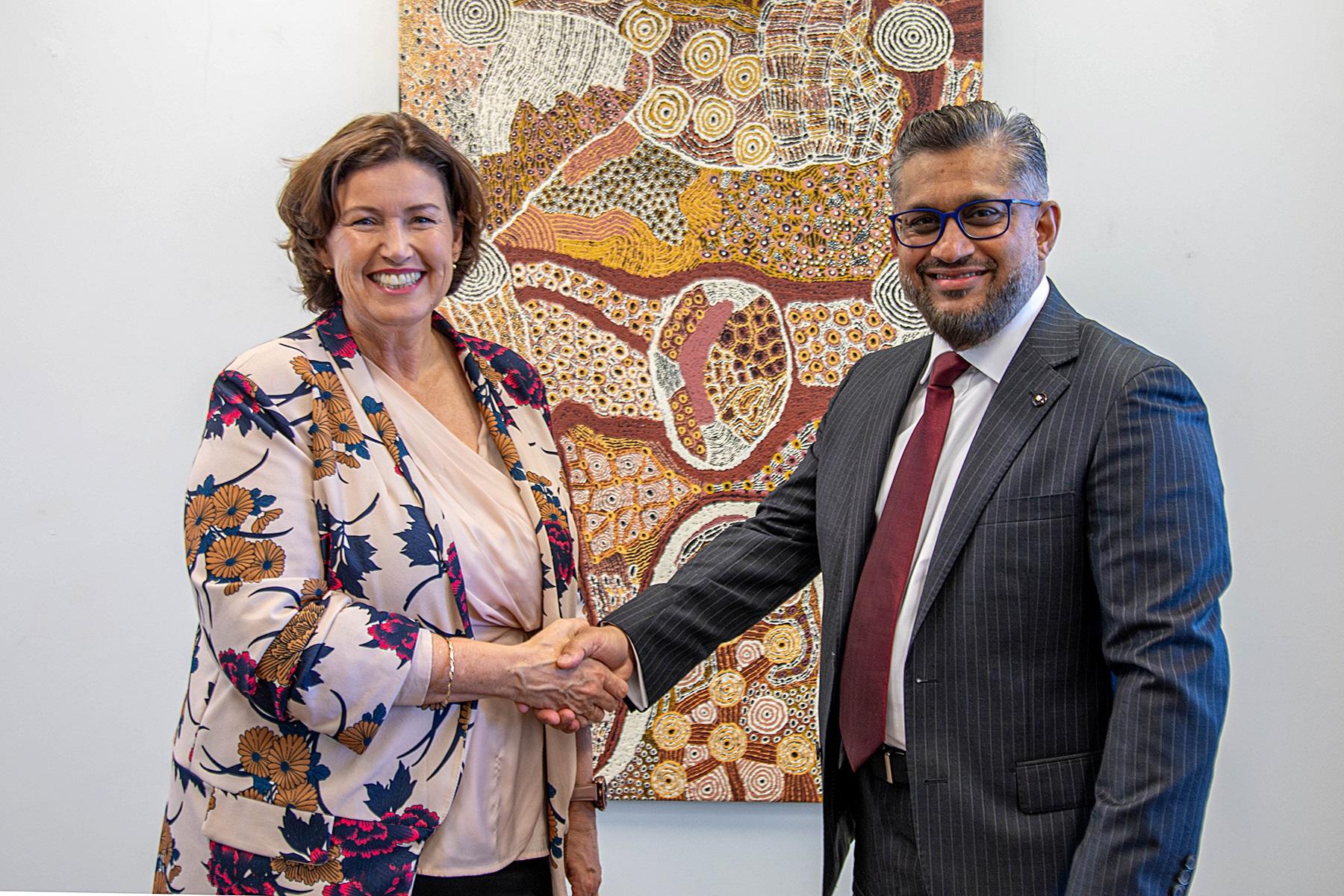 Photo of the Honourable Jackie Jarvis MLC, Minister for Small Business and Small Business Commissioner and SBDC CEO Saj Abdoolakhan.