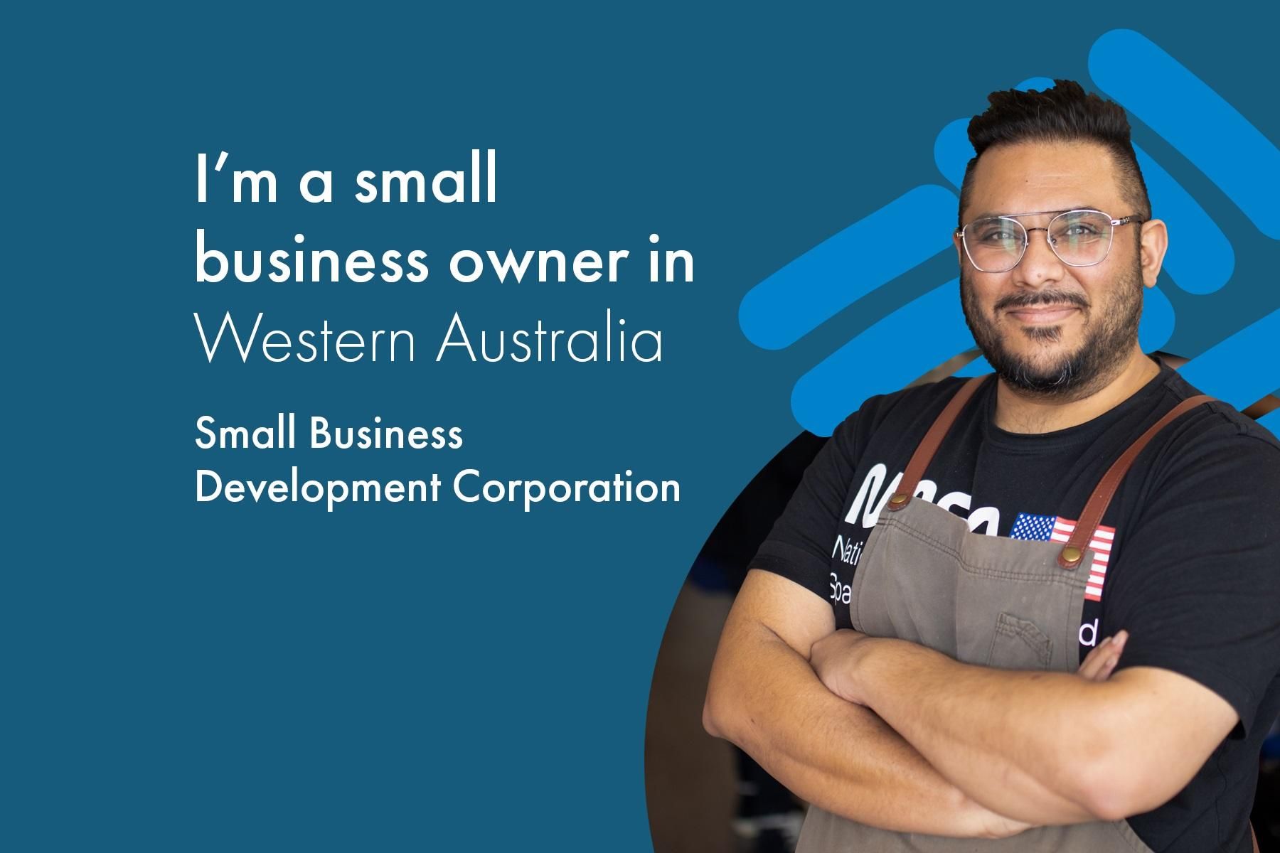 Photo of a cafe owner with the name of the SBDC's Facebook group 'I'm a small business owner in Western Australia' in the background of the image.